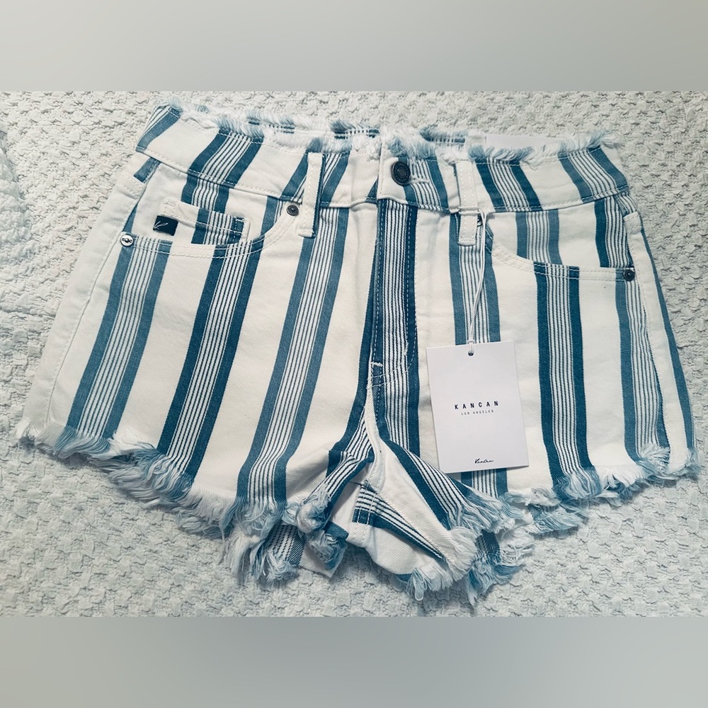 KanCan Blue and White Striped Jean Shorts